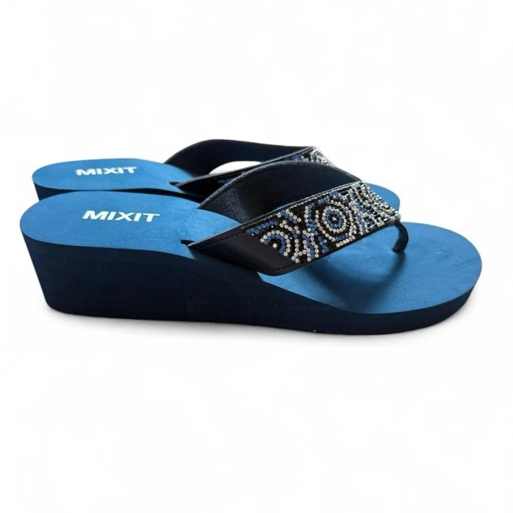 Mixit Blue Wedge Beaded Thong Sandals